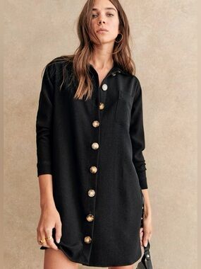 Sezane Sadie Black Button Front Shirt Dress Long Sleeves FR34